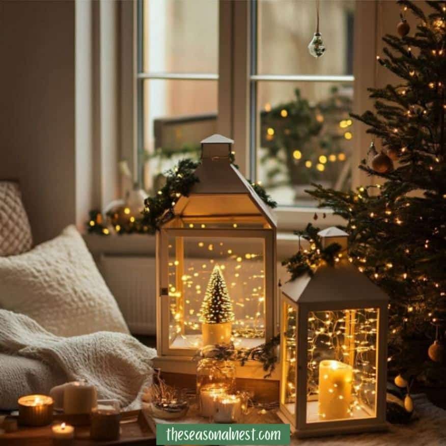 Lanterns filled with fairy lights and mini Christmas trees in a cozy setting.