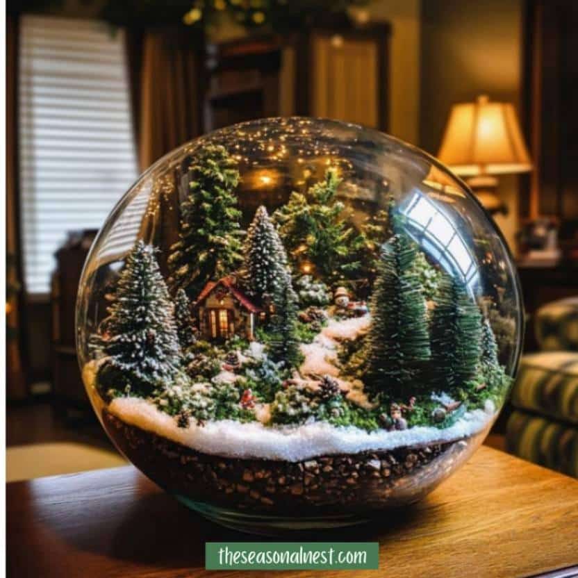 Glass globe with a miniature winter forest and glowing lights.