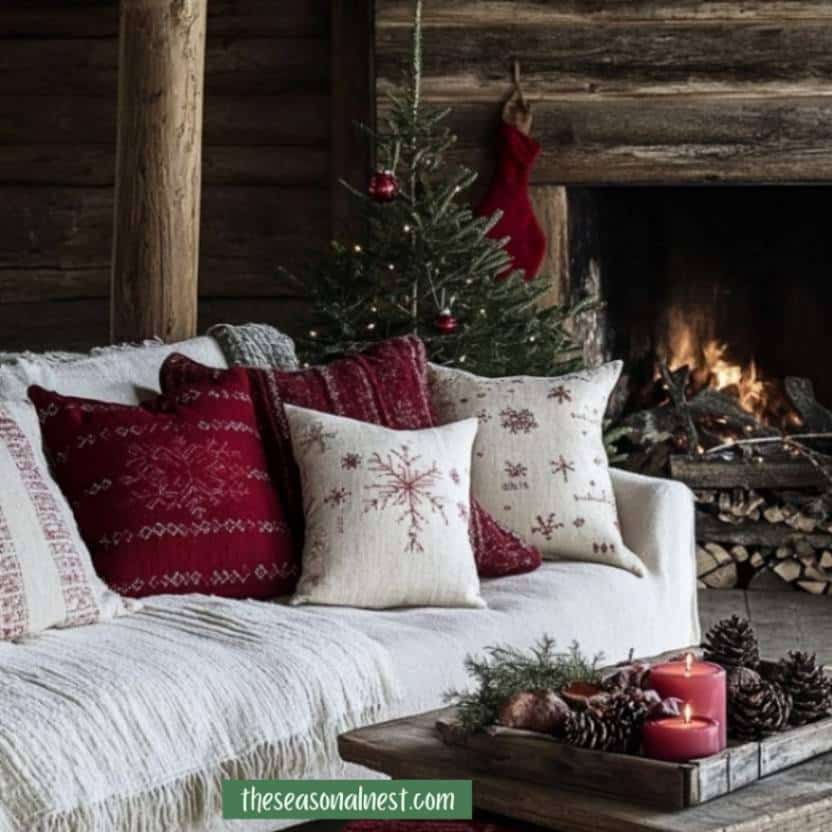 Rustic living room with red and white Christmas pillows and a cozy fireplace.