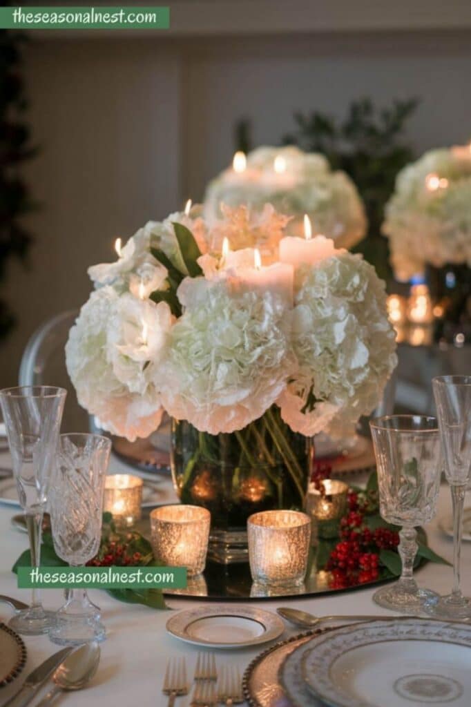 White hydrangea centerpiece with candles for an elegant Christmas table.