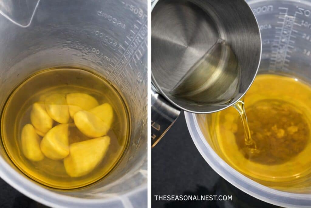 Melting butter in container and adding essential oil.