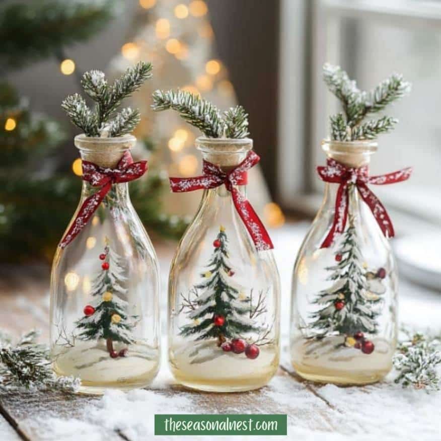 Decorated glass bottles with Christmas tree designs and greenery.