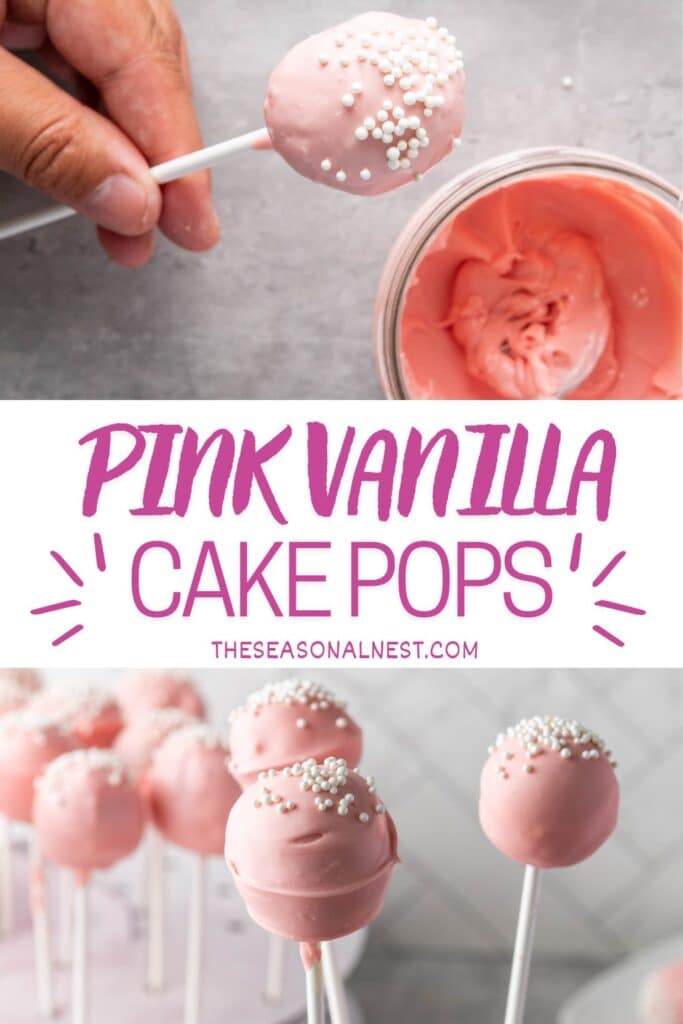Pink vanilla cake pop dipped in pink coating with white sprinkles, shown above a jar of melted candy coating.