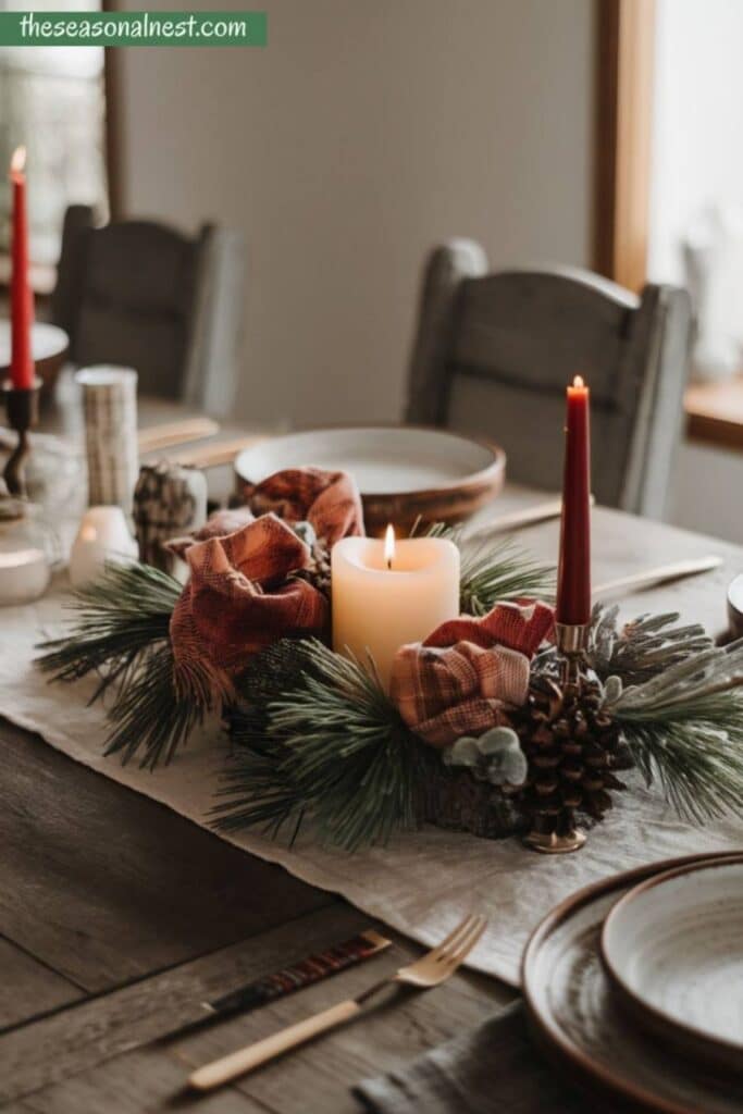 Rustic Christmas table centerpiece with pine branches, plaid ribbons, and a candle.