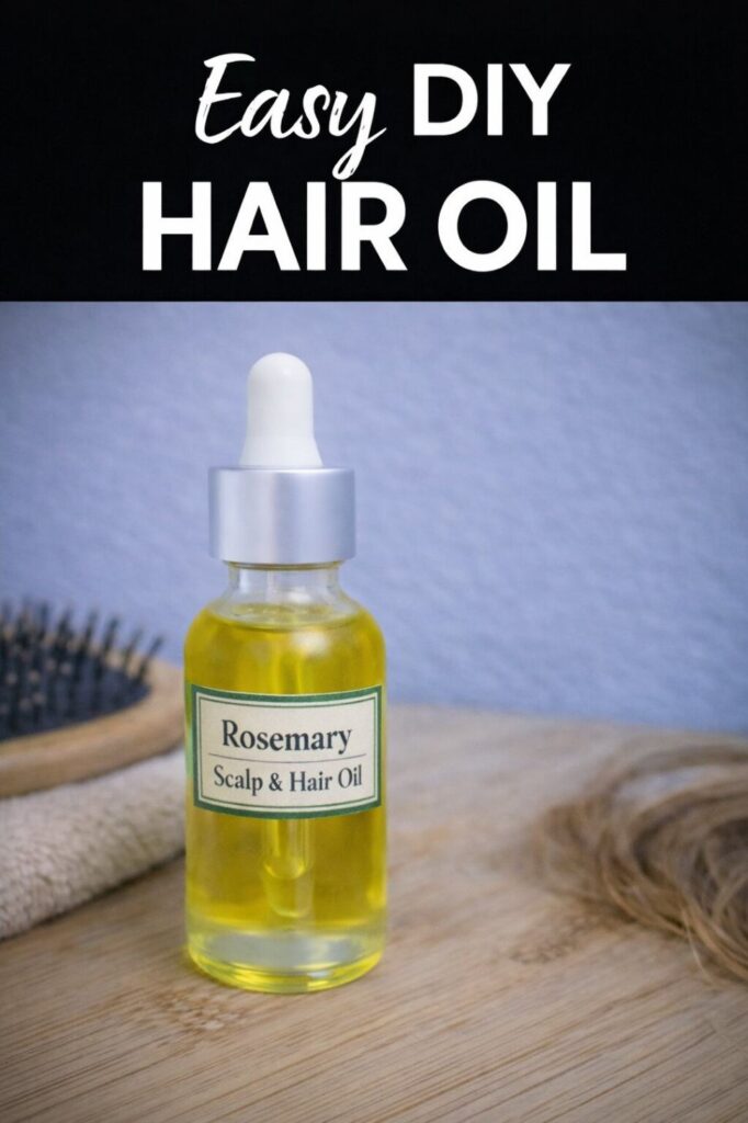 Easy DIY hair oil in a bottle with a dropper, a brush, and a piece of hair in the background.