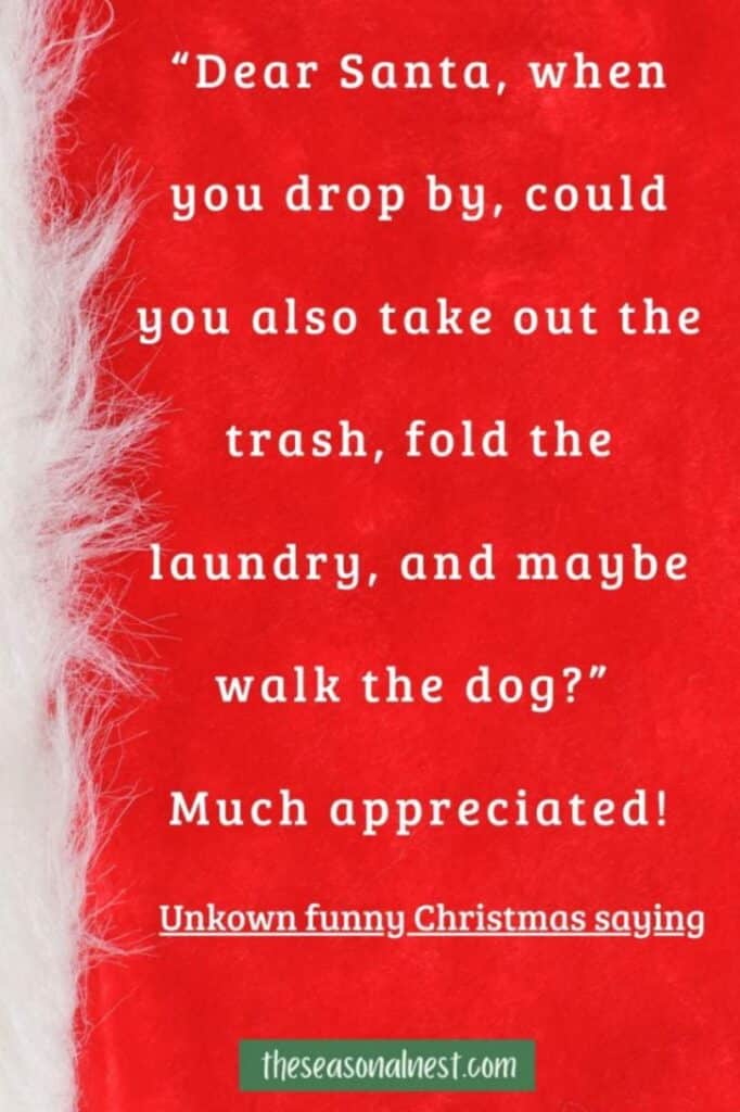 A sarcastic Christmas message displayed on a vibrant red background with a touch of white fur trim on the side, giving it a cozy Santa-themed vibe.