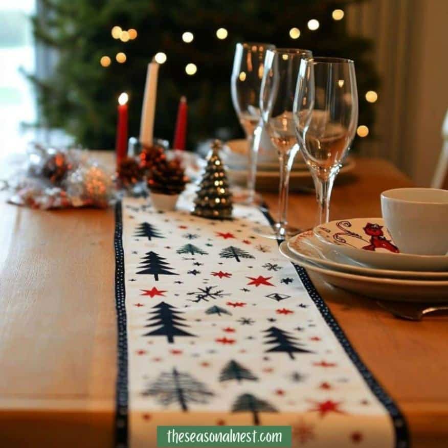 Dining table with a festive Christmas tablecloth and seasonal decorations.