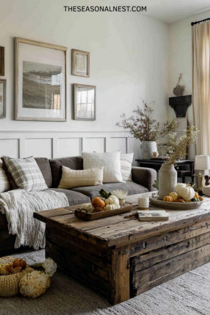 Warm rustic farmhouse living room featuring a distressed wood trunk coffee table, neutral sofa, layered throw pillows, fall decor accents, and soft beige curtains.
