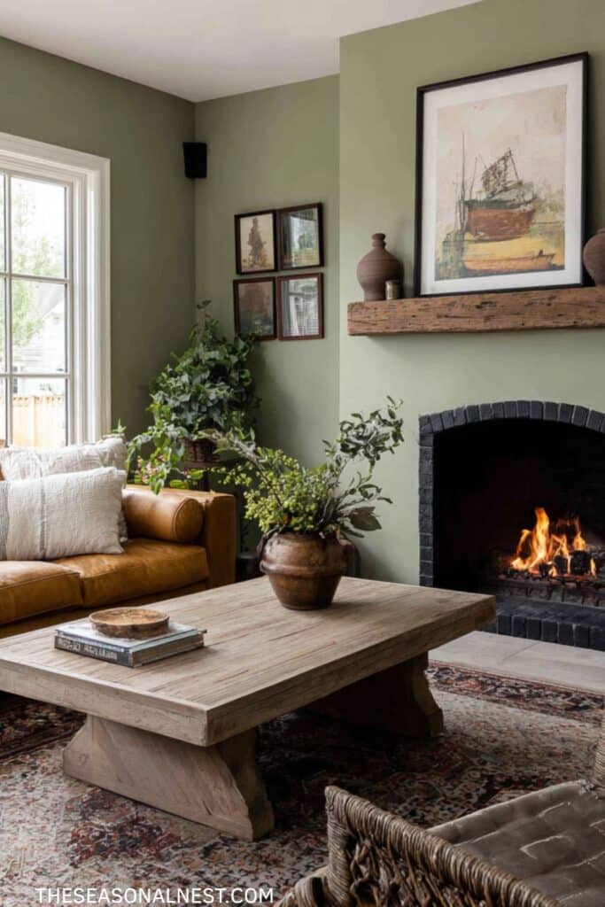 Earthy farmhouse living room with sage green walls, rustic wood mantel, leather sofa, large wood coffee table, and lit fireplace creating a warm cozy atmosphere.