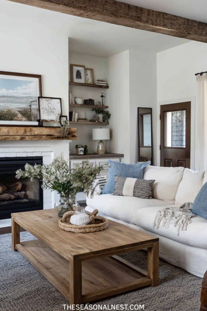 Light farmhouse living room with white sofa, blue accent cushions, wood mantel, floating shelves, and warm wood coffee table for a cozy rustic feel.