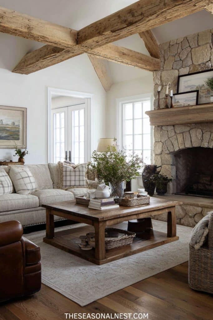 Neutral earthy farmhouse living room with stone fireplace, exposed wood beams, large wood coffee table, and soft beige sofa with layered natural textures.