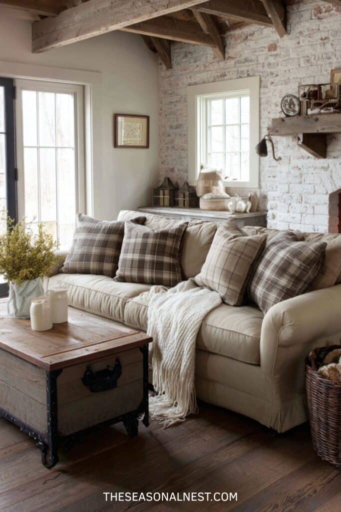 Earthy neutral farmhouse living room with beige sofa, plaid cushions, whitewashed brick wall, wood trunk coffee table, and exposed ceiling beams.