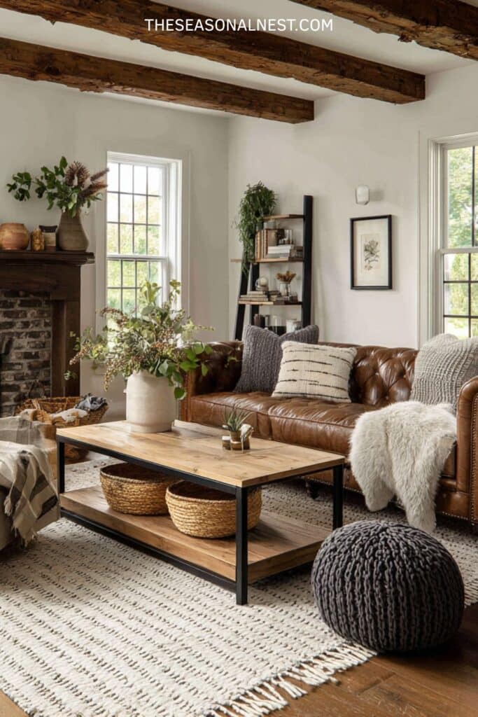 Cozy rustic farmhouse living room with brown leather sofa, exposed wood beams, brick fireplace, wood and metal coffee table, and woven baskets underneath.