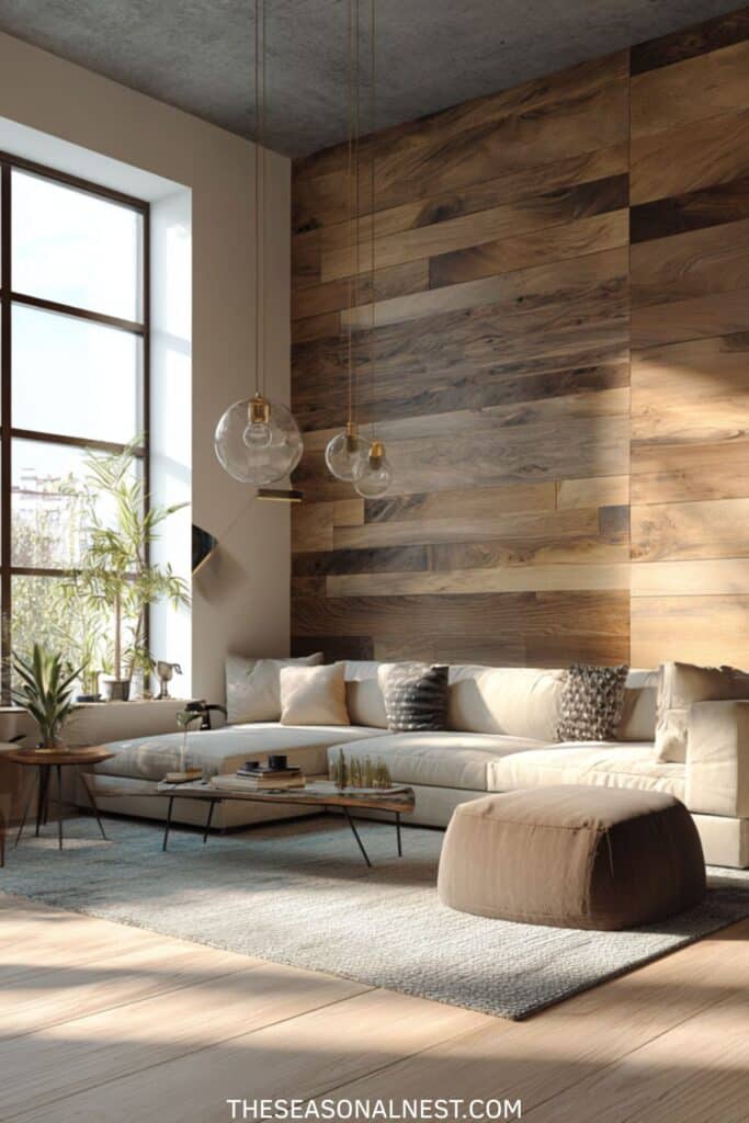 Earthy farmhouse living room with wood plank accent wall, low sectional sofa, glass pendant lights, neutral rug, and warm natural textures.