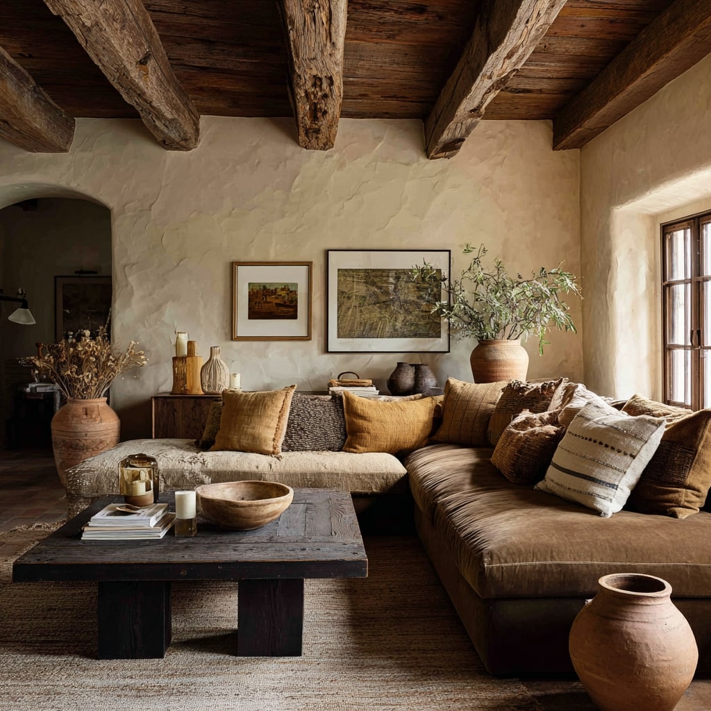 Earthy tones farmhouse living room with dark wood beams, textured plaster walls, deep brown sectional, rustic wood coffee table, and clay pottery accents.