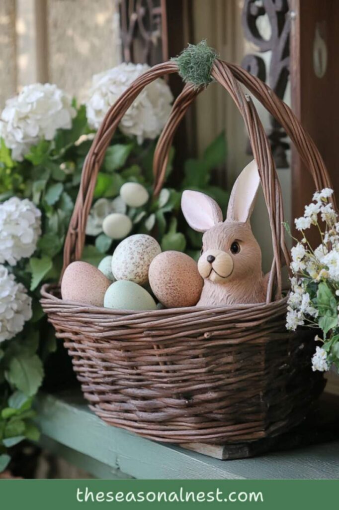 Easter porch decor with a wicker basket filled with pastel speckled eggs and a bunny figurine, surrounded by white flowers.