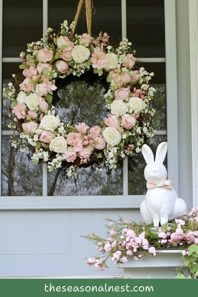 Front door with a large pastel floral wreath and a white ceramic bunny figurine wearing a pink bow tie, surrounded by soft spring blossoms.