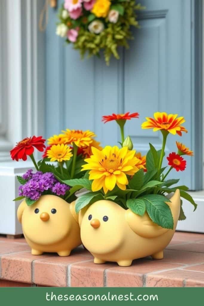 Two yellow chick-shaped planters filled with colorful spring flowers like zinnias and daisies on a porch step.