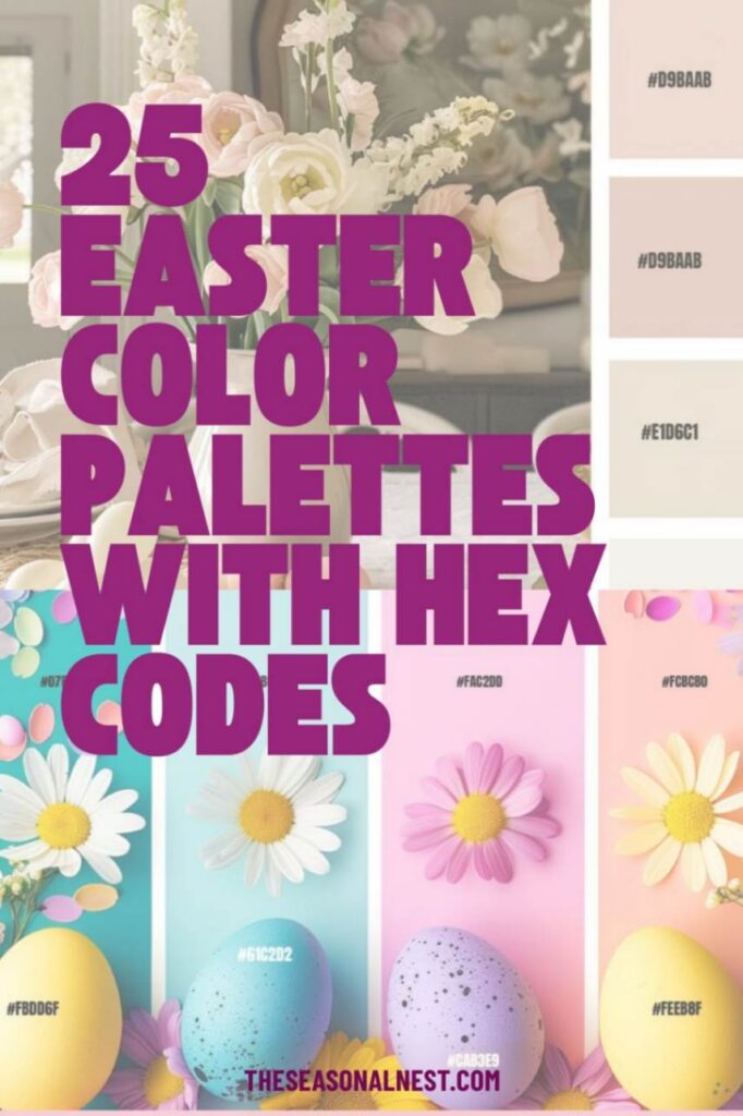 Easter color palettes featuring pastel pink, blue, yellow, and neutral tones with matching hex codes displayed alongside spring flowers and decorated Easter eggs.