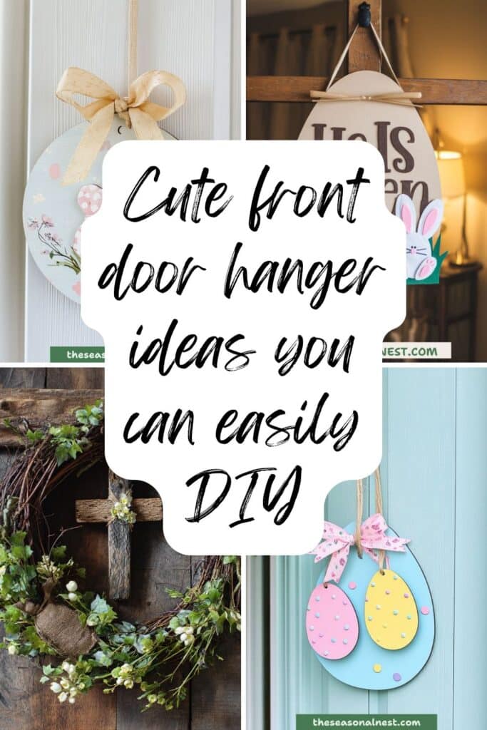 Collage of cute Easter Door Décor with Round Front Door Hangers, pastel egg designs, bunny signs, and rustic wreath styles.