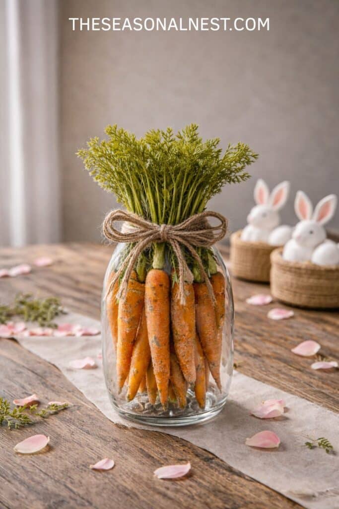 Vase with carrots and a rustic ribbon with scattered rose petals and small basket bunnies on a wooden table.