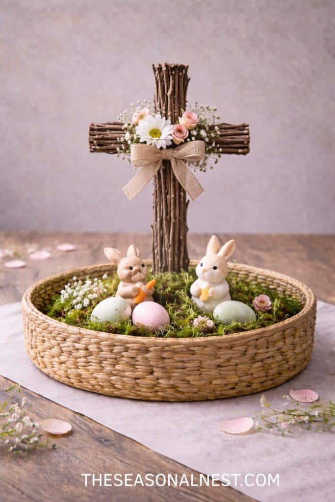 Easter basket centerpiece with rustic twig cross, burlap bow, pastel eggs, moss, flowers, and small bunny figurines on a wooden table.