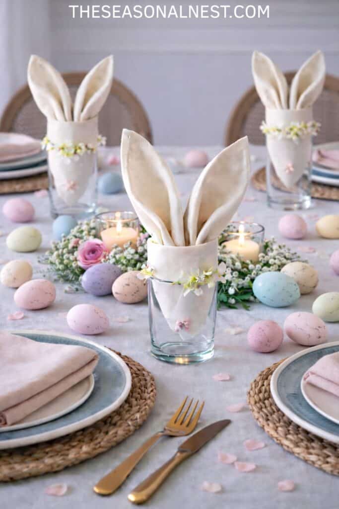 Easter table setting with bunny ear folded napkins inside clear glasses, pastel eggs, candles, and soft pink and neutral spring decor.