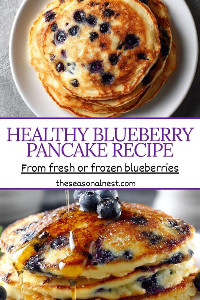 Stack of homemade blueberry pancakes drizzled with syrup and topped with berries.
