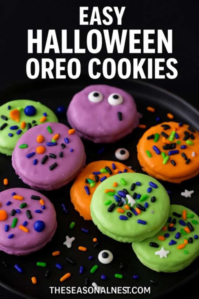 Easy Halloween Oreo Cookies in green, orange and purple colors topped with sprinkles and Halloween eyes.