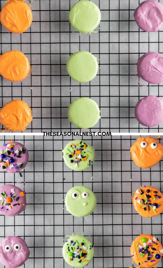 Coated Halloween cookies and decorated with sprinkles