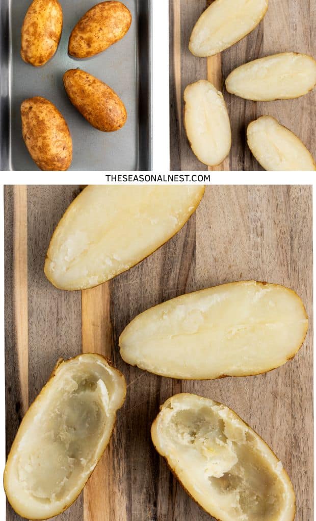 Baked potatoes cut in half and hollowed out, ready to be stuffed for making loaded twice baked potatoes