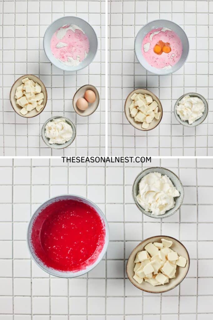 Mixing red velvet cake batter step by step with eggs, dry ingredients, and cream cheese in bowls.