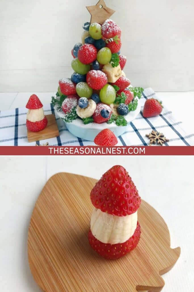 Fun and easy Christmas fruit idea with strawberry and banana gnomes for kids.