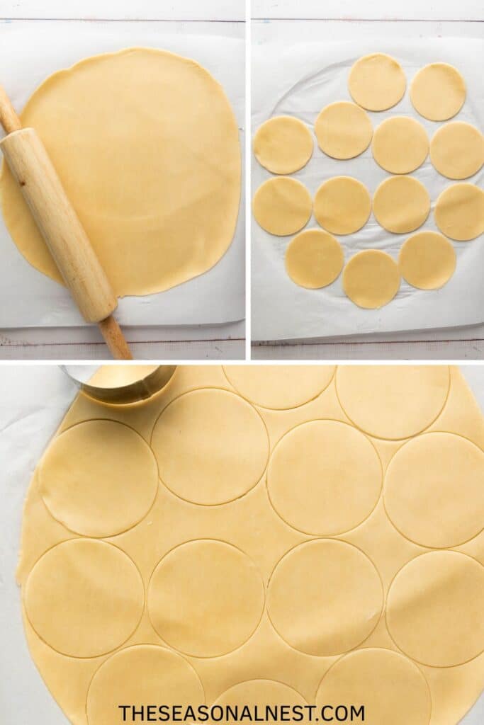Pie crust rolled and cut into circles for mini apple tarts – step-by-step fall baking recipe for handheld apple desserts.
