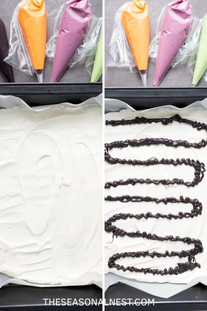 Spreading white candy melts on a tray and drizzling black candy melts for Halloween bark base.