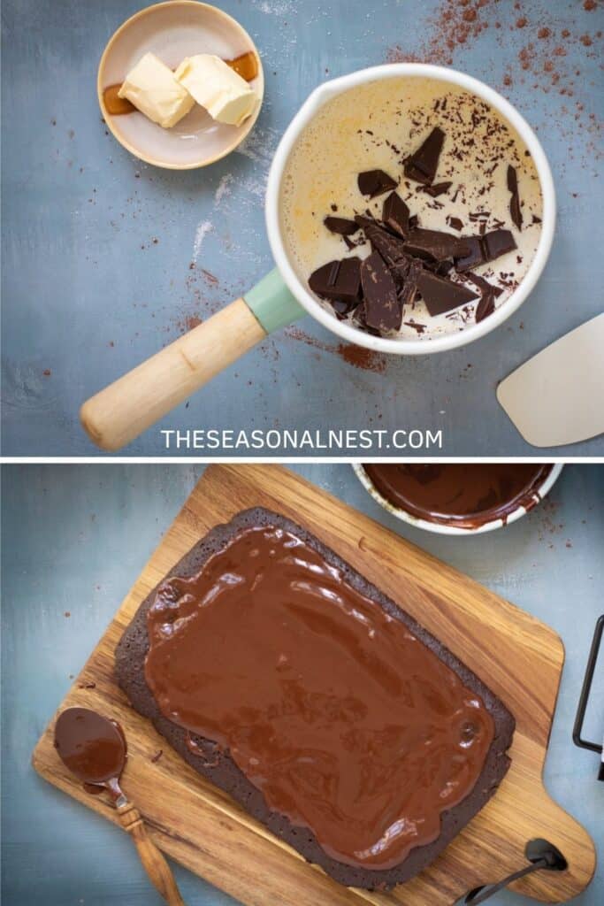 Fall brownies topped with rich chocolate ganache, made by melting dark chocolate into warm cream and butter for a smooth Halloween treat.