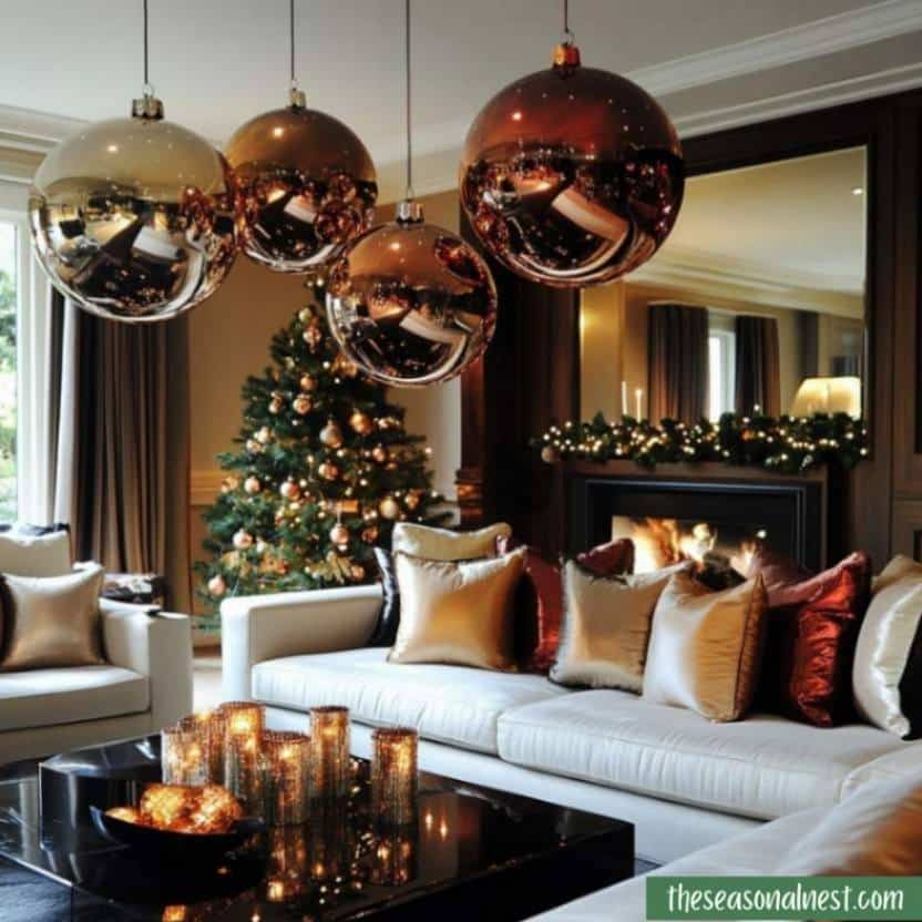 Living room with oversized metallic ornaments, glowing candles, and elegant holiday decor.