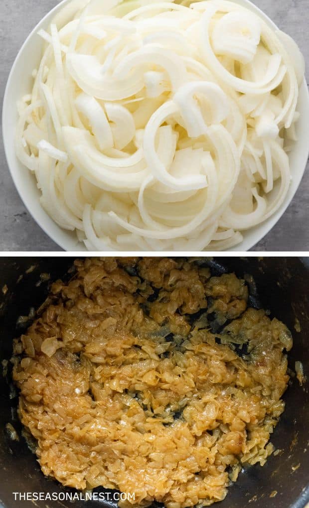 A collage with a bowl of chopped onions and caramelizing onions in a pan,