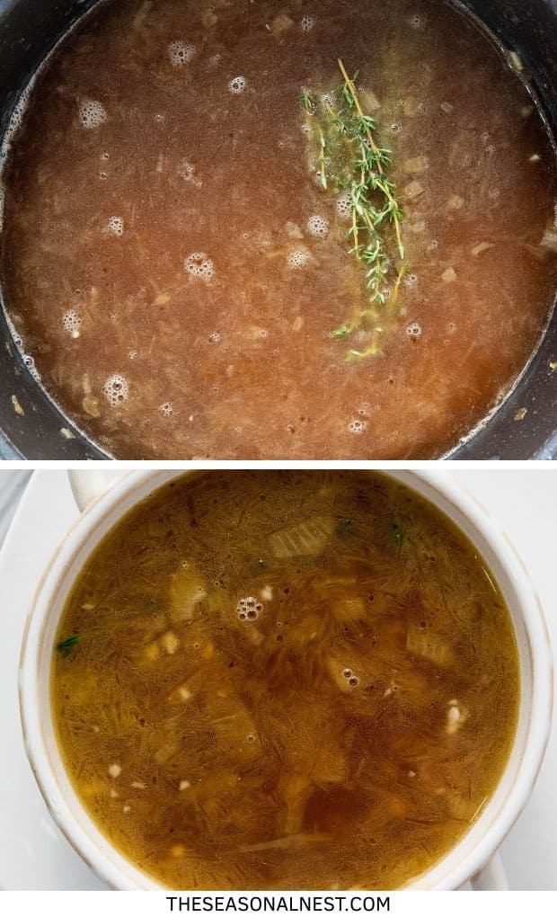 Simmering French onion soup