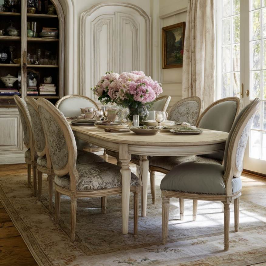 A large French country-style dining table and curved chairs with an upholstered design