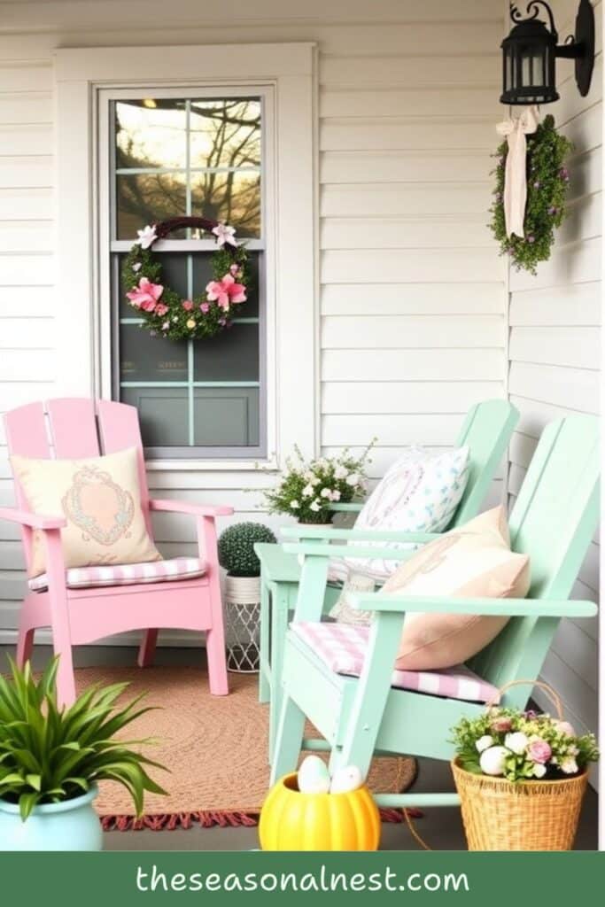 Pastel-themed front porch with pink and mint green chairs, floral pillows, and Easter baskets with eggs and flowers.