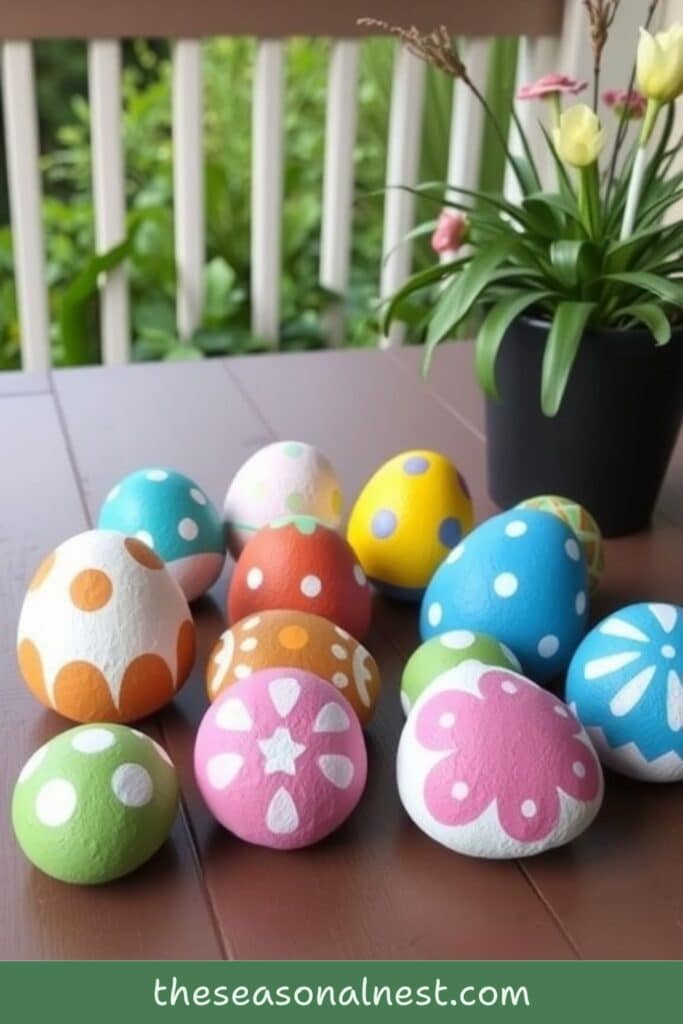 Hand-painted Easter egg rocks in bright pastel colors with polka dots and floral patterns on a porch table beside a black flower pot.