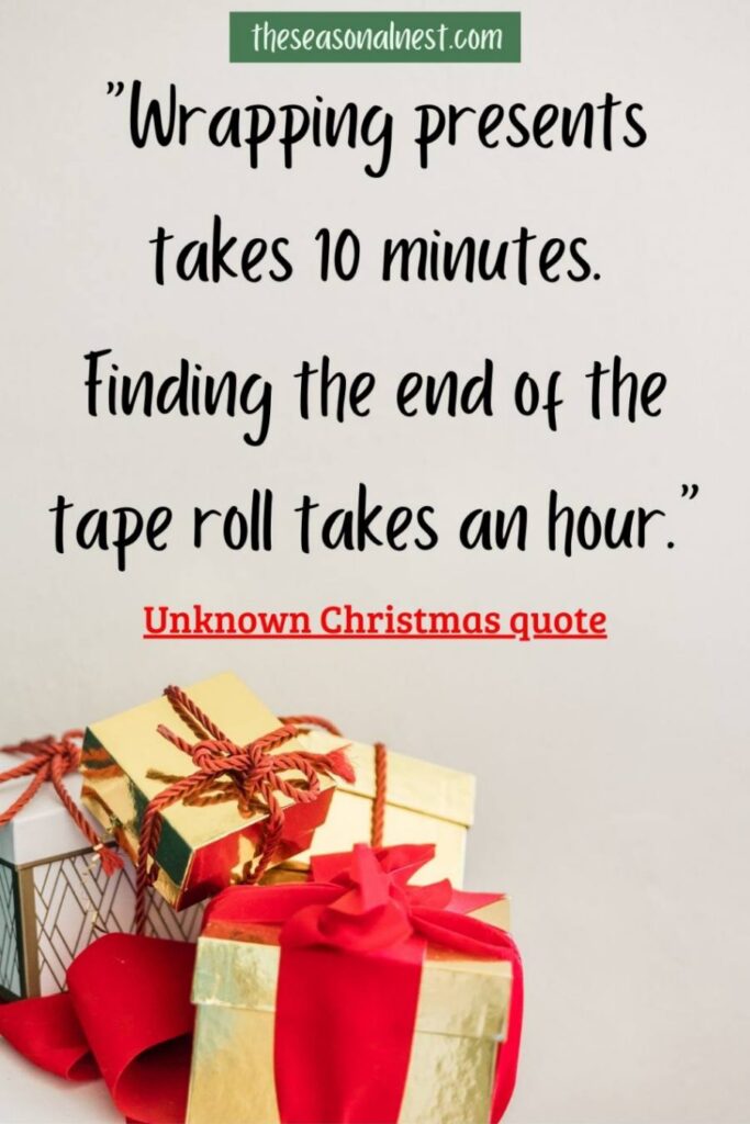 A relatable holiday joke displayed on a neutral background, featuring beautifully wrapped gold and red gifts tied with festive ribbons, adding a charming seasonal touch.