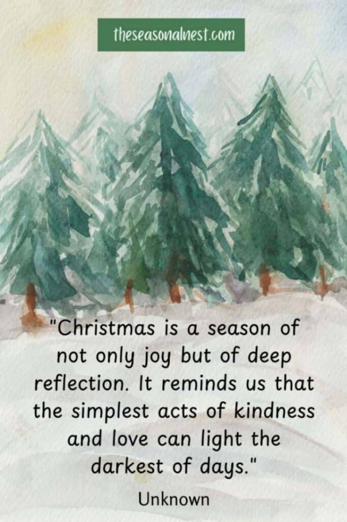 A watercolor-style background of snow-covered evergreen trees with a magical and meaningful Christmas quote for the Natal season.