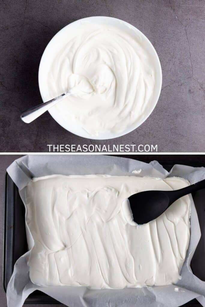 Melted white candy in a bowl and spread evenly into a baking pan lined with parchment paper for Halloween bark.