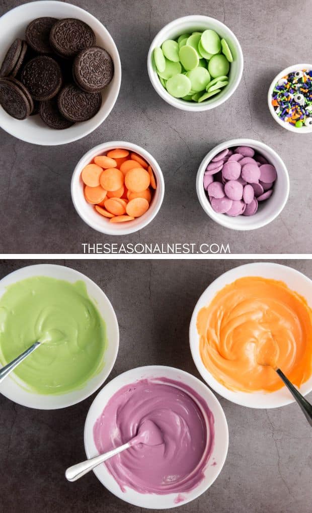 Halloween Oreo Treats Ingredients. 3 Bowls with melted candy in different colors
