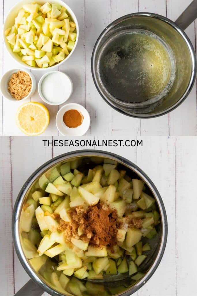How to make apple hand pies filling with diced apples, cinnamon, sugar, lemon, and butter in a pot for mini apple pies and handheld fall desserts.