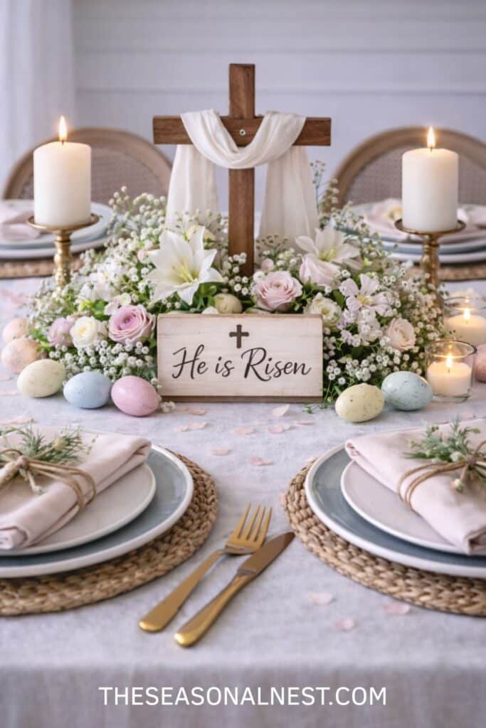 Easter table centerpiece with wooden cross draped in white fabric, “He is Risen” sign, pastel eggs, fresh flowers, and lit candles on a neutral spring tablescape.