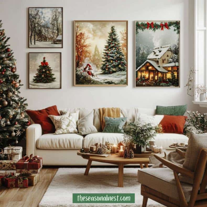 Living room with Christmas-themed wall art, a decorated tree, and festive accents.