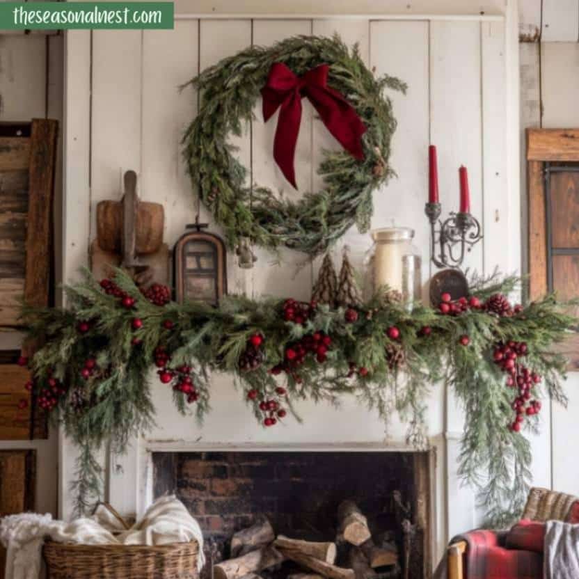 Christmas mantel decorated with greenery, berries, and a red bow wreath.